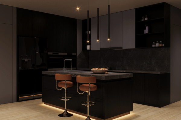 Cocina decorada con luces de neón en zócalo